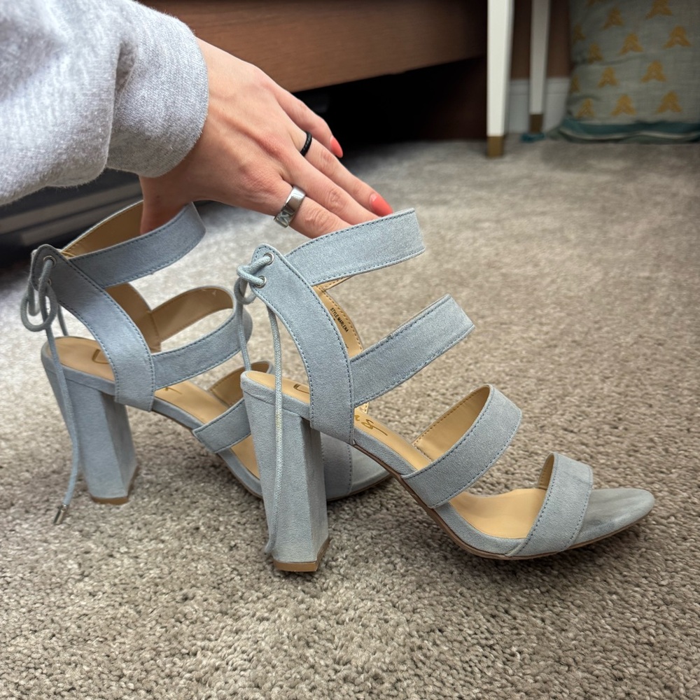 Lulu's Marlena Blue Grey Suede Caged Lace-Up Heel - Picture 7 of 9